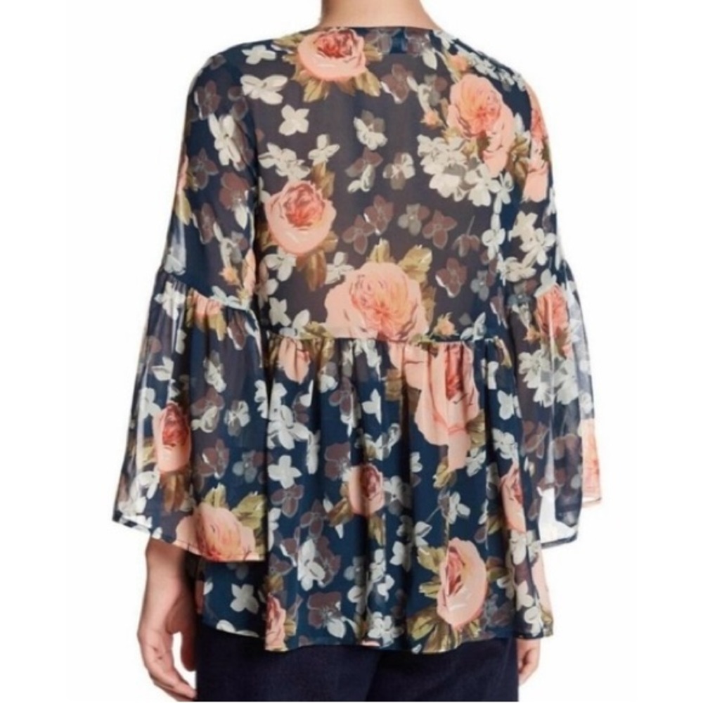Show Me Your Mumu Teal Poet Tie Floral Vintage Romance Bell Sleeve Blouse Size M
